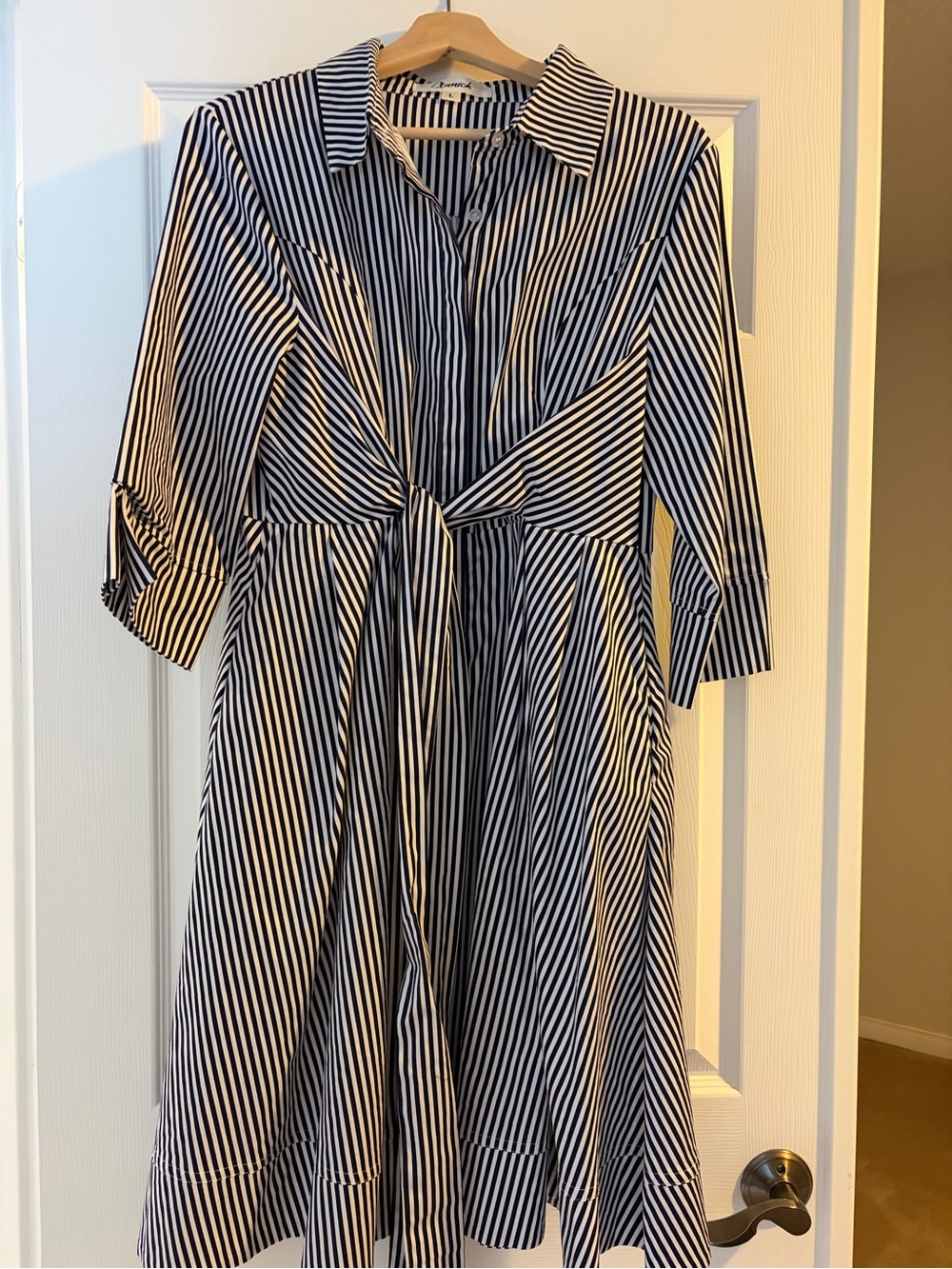 Navy and White Striped Knot-Front Midi Dress